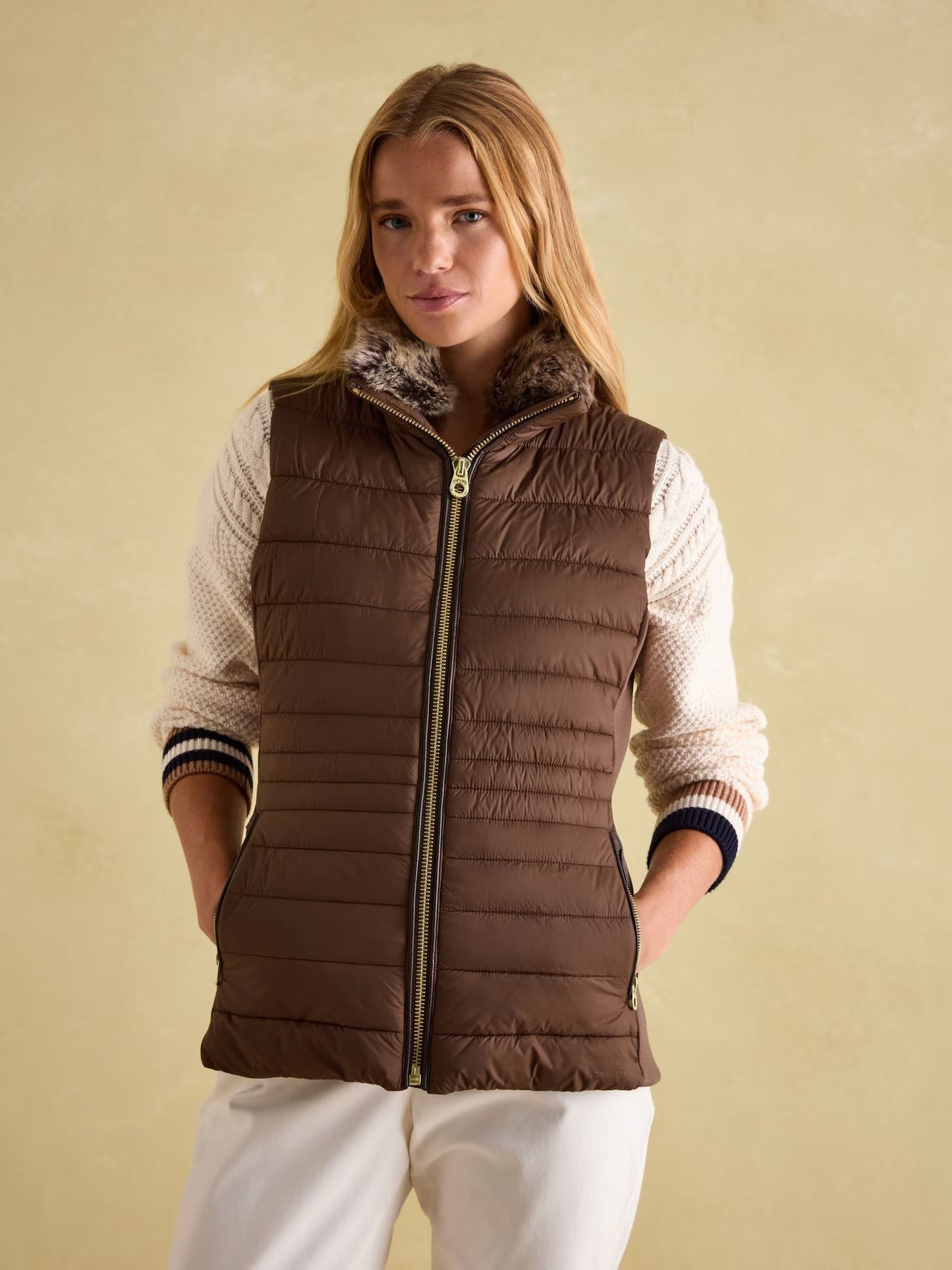 Joules Beckley Padded Showerproof Gilet with Detachable Faux Fur Collar