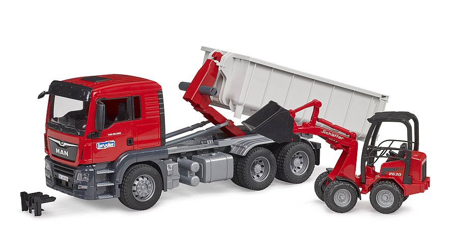 Bruder MAN TGS Truck with Roll-Off-Container + Schäffer Compact loader