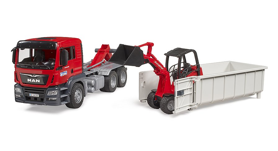 Bruder MAN TGS Truck with Roll-Off-Container + Schäffer Compact loader