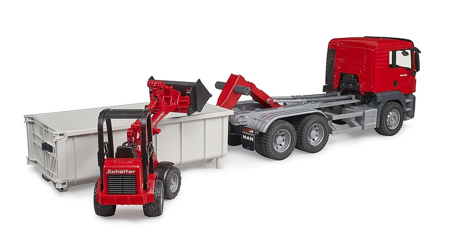 Bruder MAN TGS Truck with Roll-Off-Container + Schäffer Compact loader